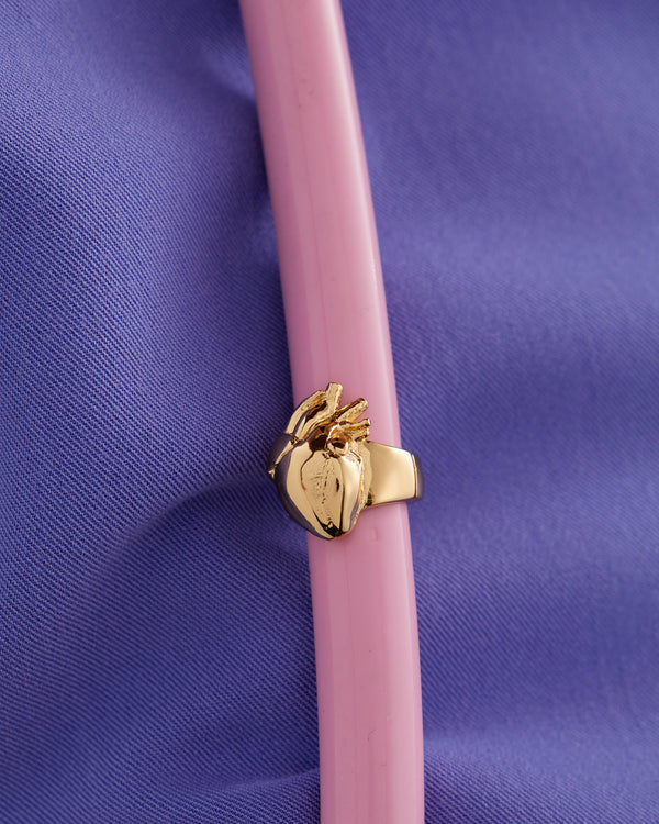 Gold plated anatomical heart stethoscope charm attached to pink stethoscope tubing on a purple fabric background