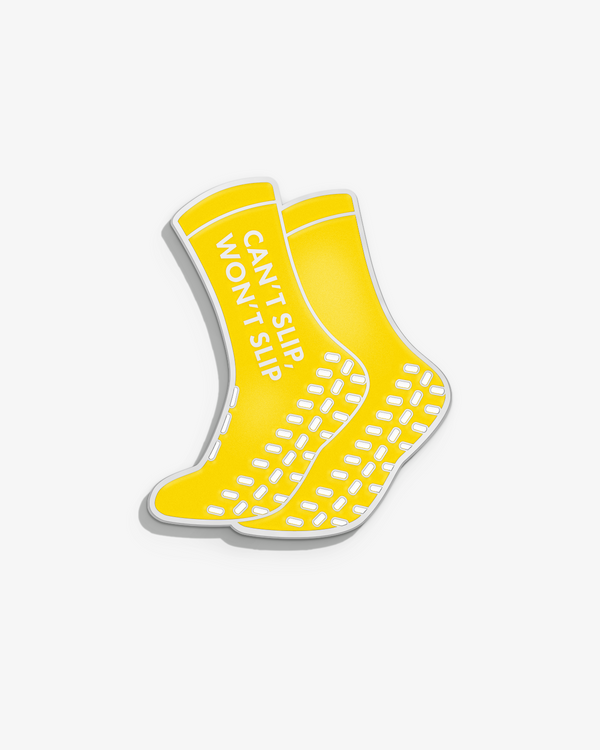 Can’t Slip, Won’t Slip Yellow Grippy Socks Lapel Pin