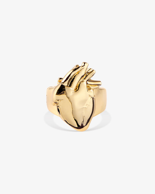 Gold plated anatomical heart stethoscope charm, front view on a white background