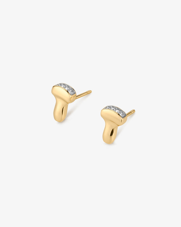 Gold earrings featuring ultrasound probes with gemstones angled on a white background